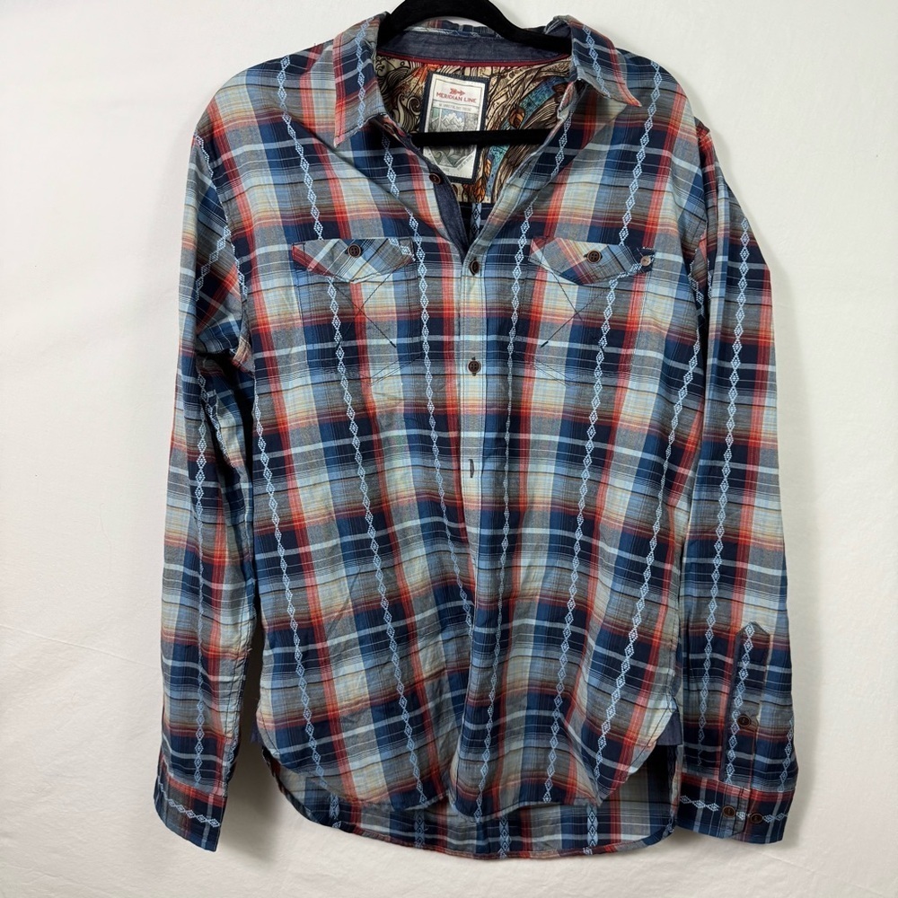 Meridian Line Blue and Red Button Down Shirt Mens Size L